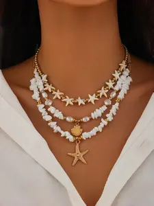 Boho Starfish Shell Layered Necklace, Beach Pearl Beaded Choker for Women, Stylish Jewelry Accessory, Perfect for Summer