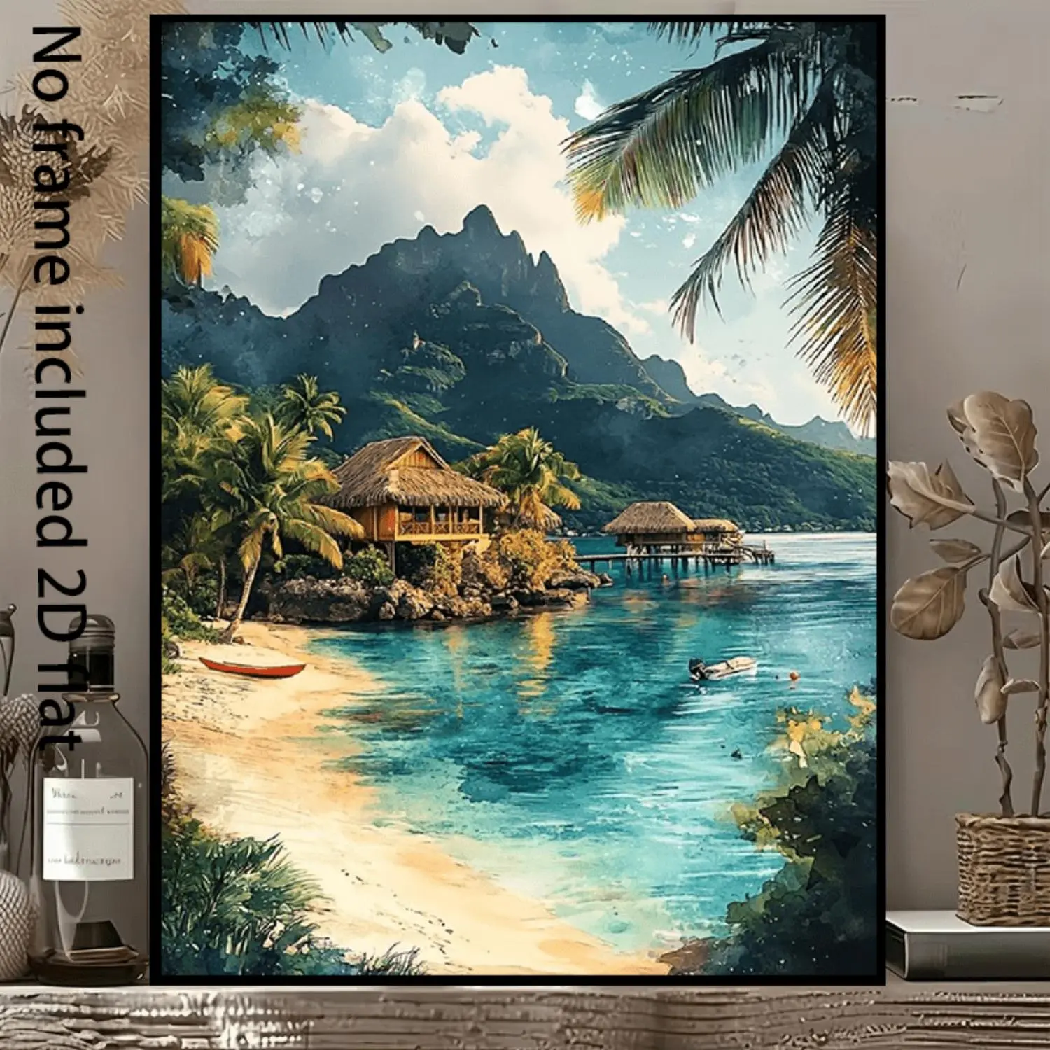 2D Flat,1pc Decorative Canvas Painting Tropical Beach Scenery Canvas Painting: Perfect Fusion of Palm Trees And Cottage with Turquoise Sea And Green Mountain