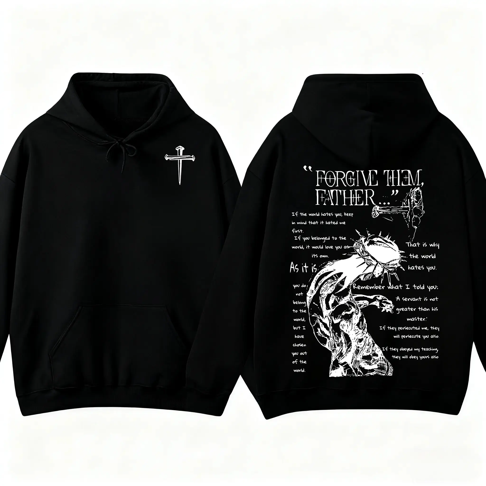 Men's Casual Faith Theme Graphic Hoodie "Forgive Them Father" Slogan Long Sleeve Pullover Sweatshirt