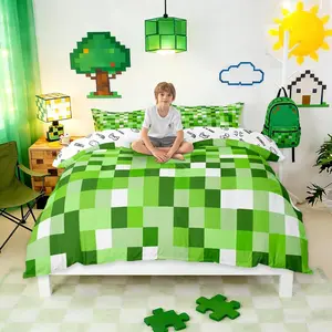 Pixel Style Games Duvet Cover Set,Miner Theme Bedding Set,for Kids Girls Boys Adult Room Decor,Light Green Block Comforter Cover Building Gaming Quilt Cover