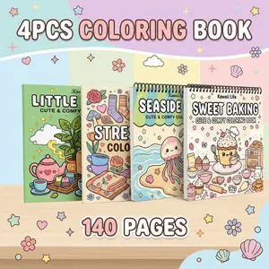 Kawaii Coloring Book Set - 4pcs Little Corner, Seaside Days & Sweet Baking Themes for Stress Relief - High-Quality Opaque Paper, Beginner-Friendly Vibrant Illustrations for Teens, Adults & Elderly - Perfect Gift for Easter, Birthdays & Holidays