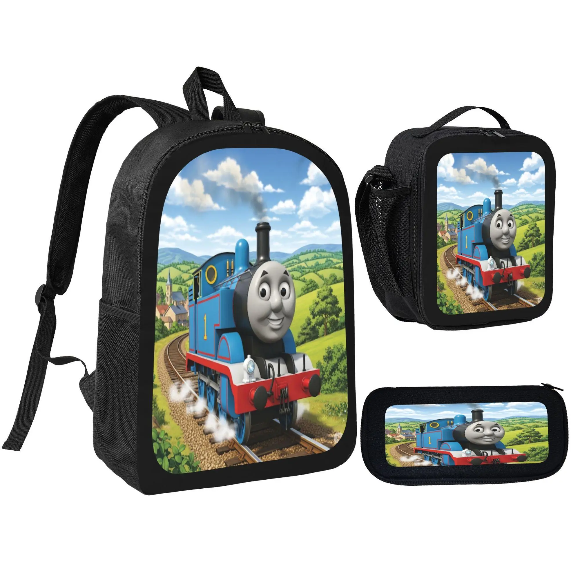 Boys' 3-Pcs Thomas The Tank Engine Cartoon Print Backpack Set, Polyester Adjustable Back-to-School Bag with Multi-Pockets, Lunch Bag & Pencil Pouch for Toddlers Kindergarten Preschool Students