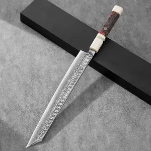 YUANREN 12" K-Tip Yanagiba 1-Sided Sashimi Knife D7A Stainless Steel Damascus 67 Layers Kataba (Chisel Ground / Single Bevel) Urasuki (Concave Grind / Curved Side) Red Burled Stabilized Wooden Handle Creamy White Pearl-Like Finish Cap and Base