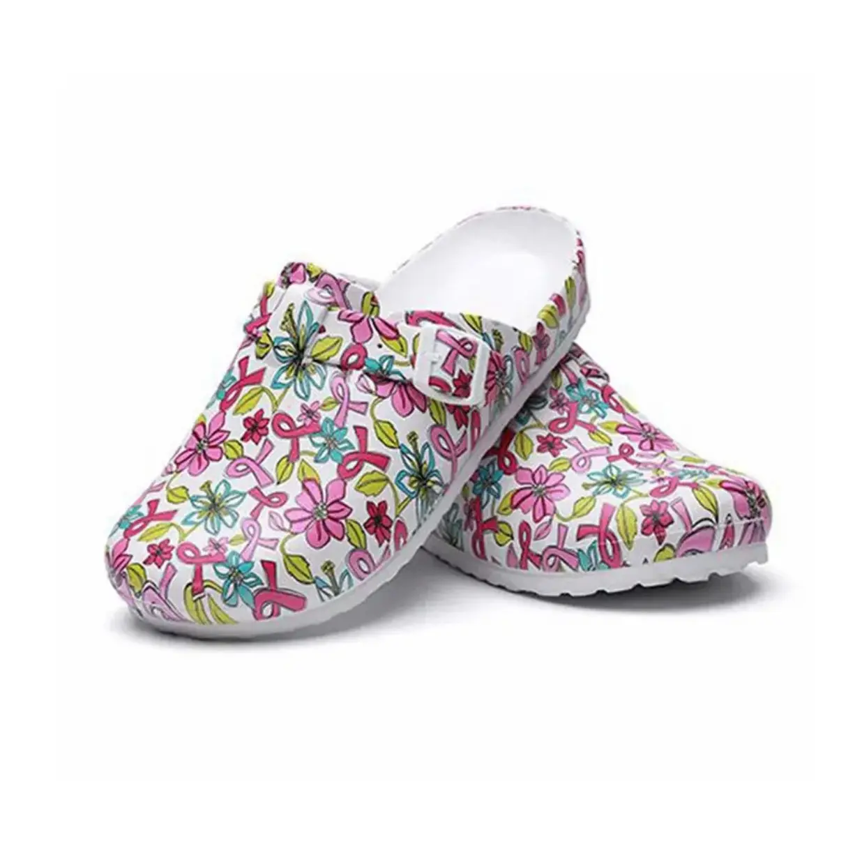 Nurses Doctors CNAs CMAs Med Techs Healthcare Workers Cartoon Print Platform EVA Clogs Mules - Girls Walking Shoes with Beautiful Breast Cancer Awareness Print- Women Footwear Comfort Lightweight Buckle