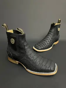 Mens Ankle Boots Black Matte Wide Square Toe Double Stitching Fashion Boot with Unique Design