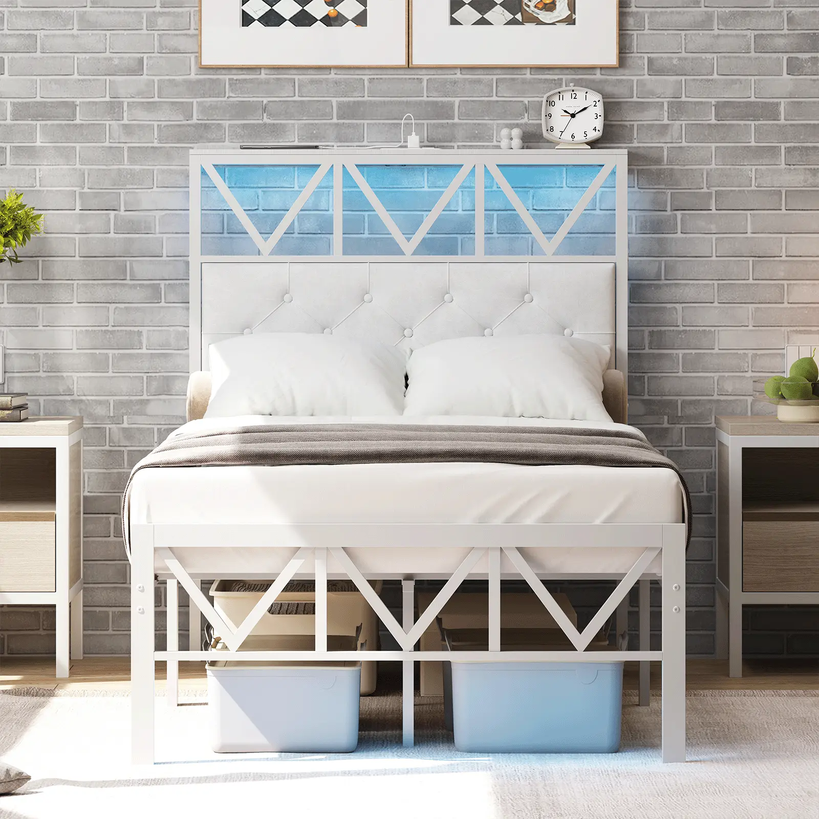 CollaredEagle Twin/Full Upholstered Metal Bed Frame with Steel Frame, Upholstered Headboard, Storage Shelves, Charging Station, LED Lights, Heavy-Duty Slats, No Box Spring Needed, Noise-Free, Easy Assembly, Upholstered Bed Frames, Metal Bed Frames summerg