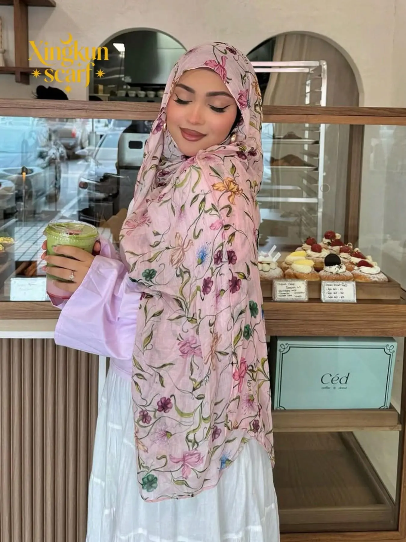 Women's Fashion Floral Balloon Silk Summer Wrap Hijab Scarf For Muslim, Elegant Accessories Cute Printed Headscarf, Muslim Ladies Must-Have Long Shawl
