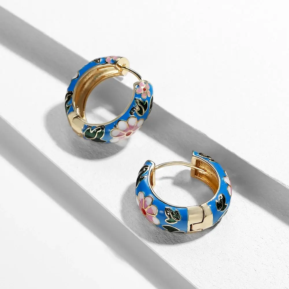 Elegant Blue Enamel Floral Hoop Earrings with Gold Tone Accents for Women's Fashion Accessories