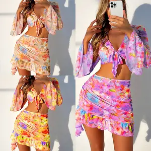 2026 New European and American Swimsuit Fashion Printed Beach Skirt Bikini Four Piece Set Swimsuit Women's Style