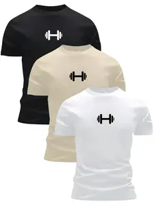 3 Pack Minimalist Dumbbell Graphic T-Shirts, Men's Workout Casual Crew Neck Fitness Tops (Black/Beige/White)