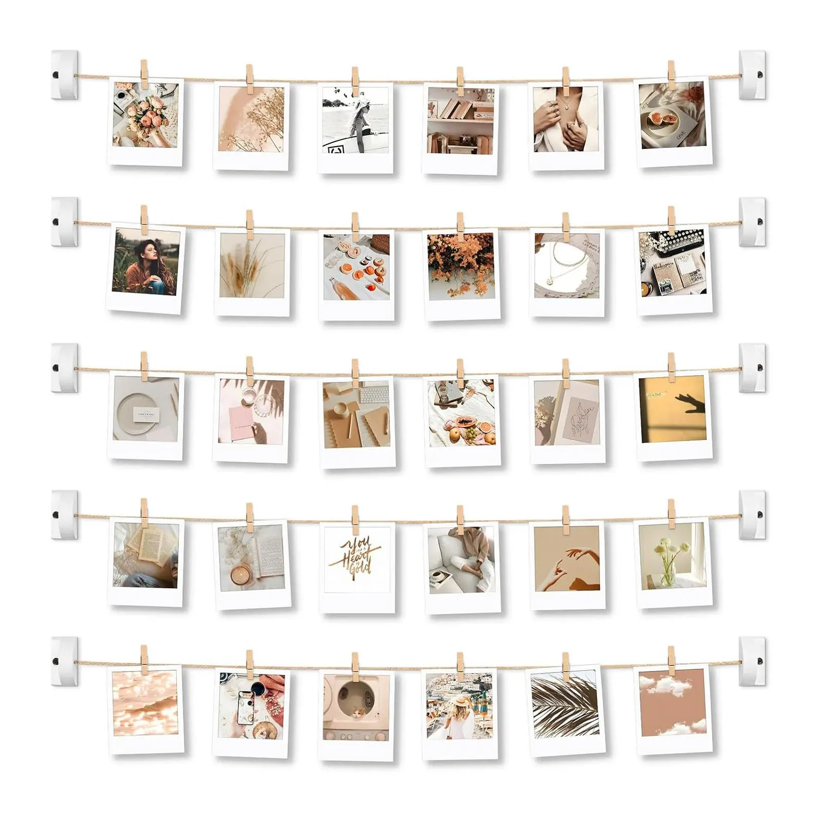 Hanging Photo Display Picture Frame for Wall, Home Bedroom Dorm Office Photo Collage Frame, 4x6 Multi Picture Wall Display with 5 Hemp Ropes, 30 Wooden Clips, White Wood Frame, Wall Mounted Memory Photo Holder