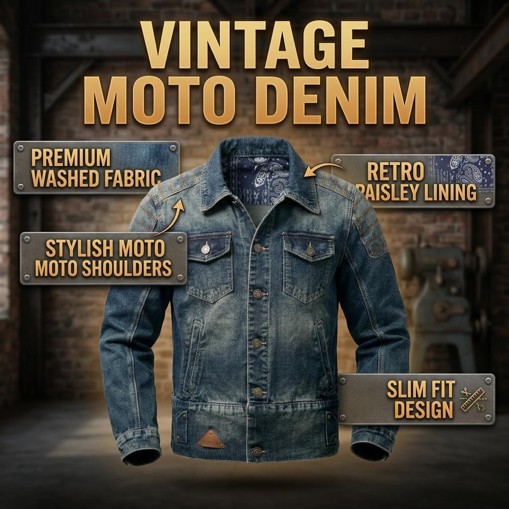 Men's Vintage Washed Denim Jacket, Retro Distressed Biker Jean Jacket with Paisley Lining, Classic Trucker Jacket with Shoulder Stitching, Casual Button-Down Motorcycle Denim Coat for Men, Fashion Streetwear Denim Jacket for Daily Wear, Riding, Outdoor