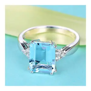 Created Blue Square Stone Cubic Zirconia Rings Silver Plated Rings for Women Fashion Jewelry Wedding Gift