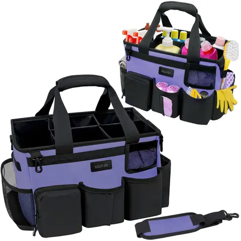 Wearable Cleaning Bag for Cleaning Car Cleaning Tools Storage Bag with 5 Foldable Compartments Organizer Durable Portable Dividers (Purple)