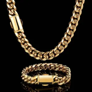 GAB 12MM 316L Stainless Steel  Miami Cuban Link Chain,Bracelet and Necklace Set For Man,For party,Father's Gifts,With Gift Box