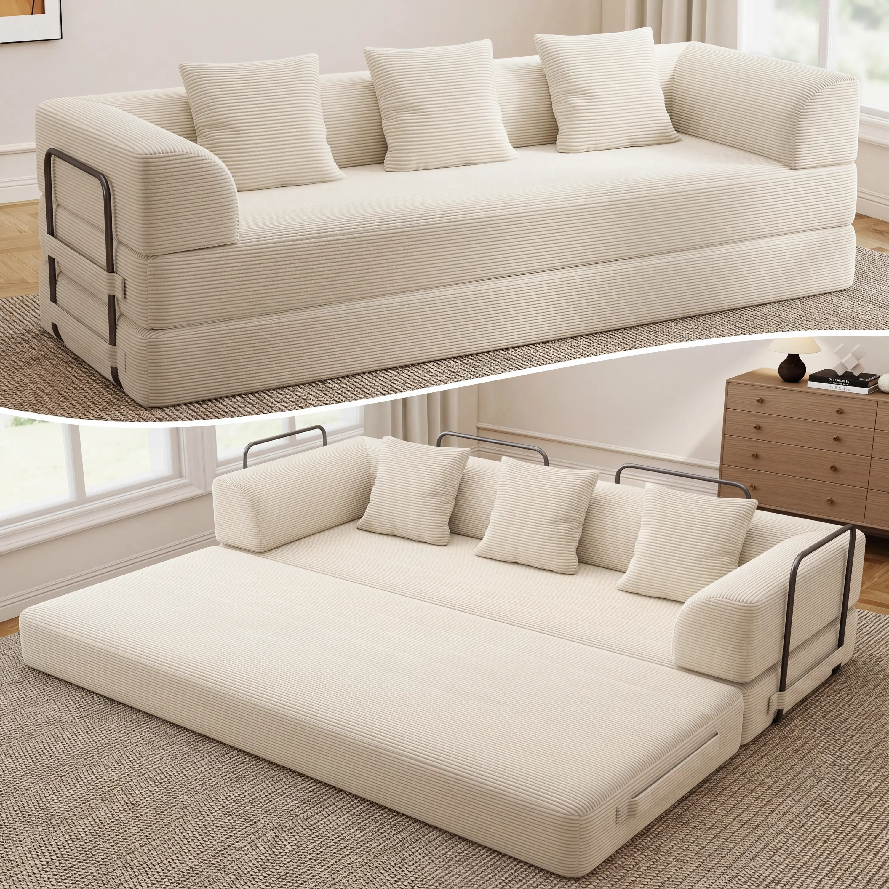 89'' Boneless Cloud Couch, 5-in-1 Convertible Sleeper Sofa Bed, 3 Seater Modular Folding Futon Floor Couch for Small Spaces, Oversized Plush Chaise Lounge Sofa for Living Room Bedroom Apartment, No Assembly sohochic