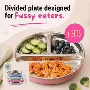 Elk and Friends Stainless Steel Kids Plate, Everyday Meals and Snacks, For Easier Mealtimes, Pack 4