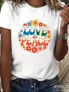 Women's 60s 70s Hippie T-Shirt - White Short Sleeve Crew Neck Top with Multicolor Peace Symbols & Flower Power Print, Retro 60s 70s Outfit, Machine-Washable Fabric for Summer & Vintage Events (Regular Fit)