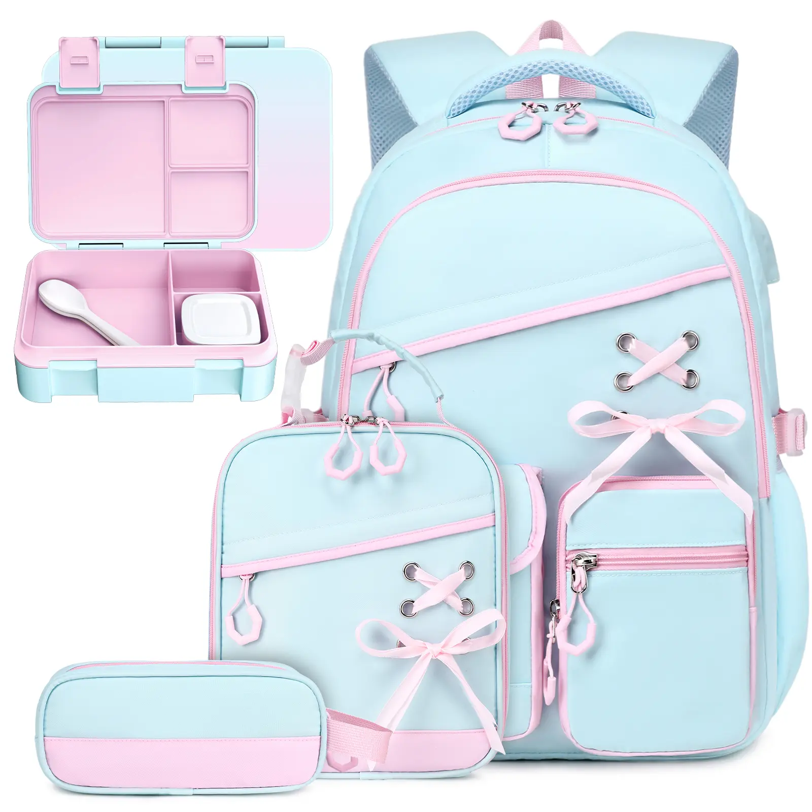 Similove 4PCS Backpack sets- Ribbon Plaid Backpack with Lunch Bag&Pencil Case&Lunch Box, Cute School Backpack School Travel, Back to School Gift,Birthday's Gift, Backpacks For School, Backtoschoolshopping, Insulated Lunch Bag