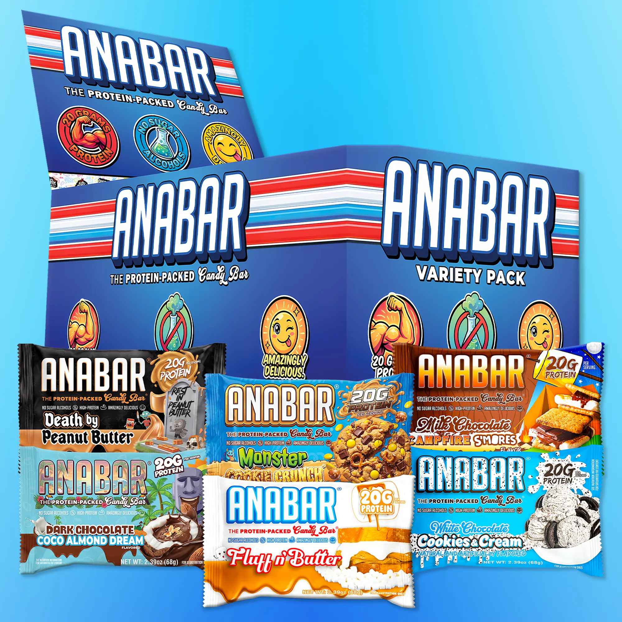 Anabar Variety Pack - 12 Pack/6 Flavors - Best Tasting Protein Bar With 20g Protein & No Sugar Alcohols - Candy Bar Flavor With Protein Bar Nutrition - Snack