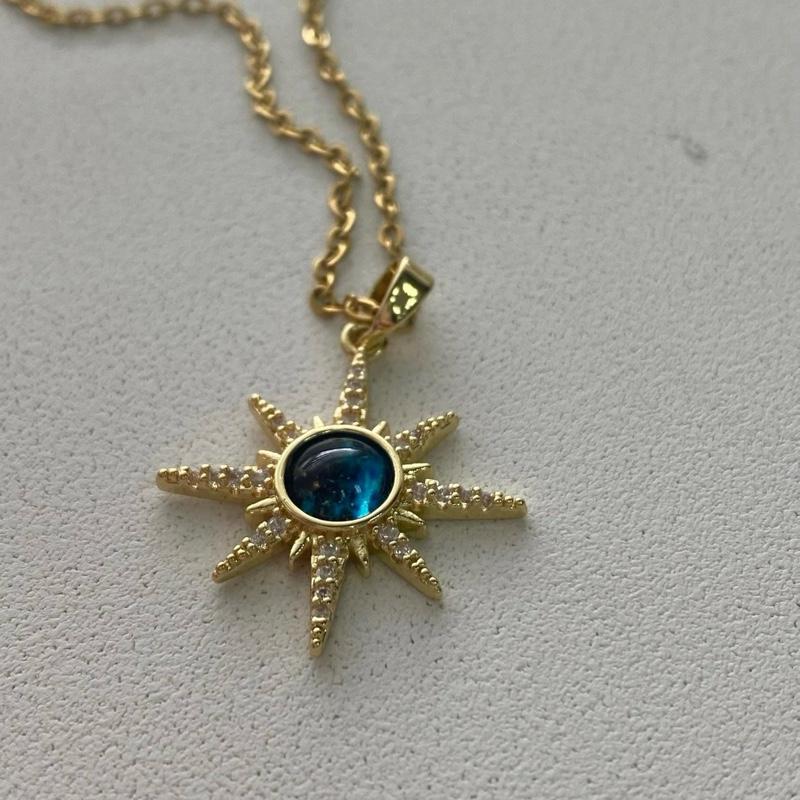 Celestial Earth Moon Stars Pendant, Opalite Jewelry, Gold Chain Necklace Pointy Sun Blue World Orbital Necklace
