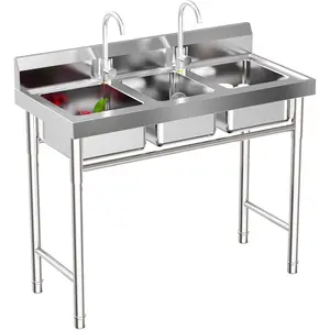 3 Compartment Sink 304 Stainless Steel Kitchen Sinks Freestanding Utility sink with 2 Hot & Cold Faucet Commercial Triple Bowl Sink for Bar, Restaurant/Each Bay 11"L x 9"W x 7"H Fixtures Installation