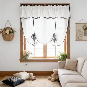 1PC Tie-up Balloon Curtain Boho Style Linen Curtain with Tassel Retro Crocheted Curtain Valance Attached Rustic Sheer Curtain Valance for Bedroom Living Room Rod Pocket Top