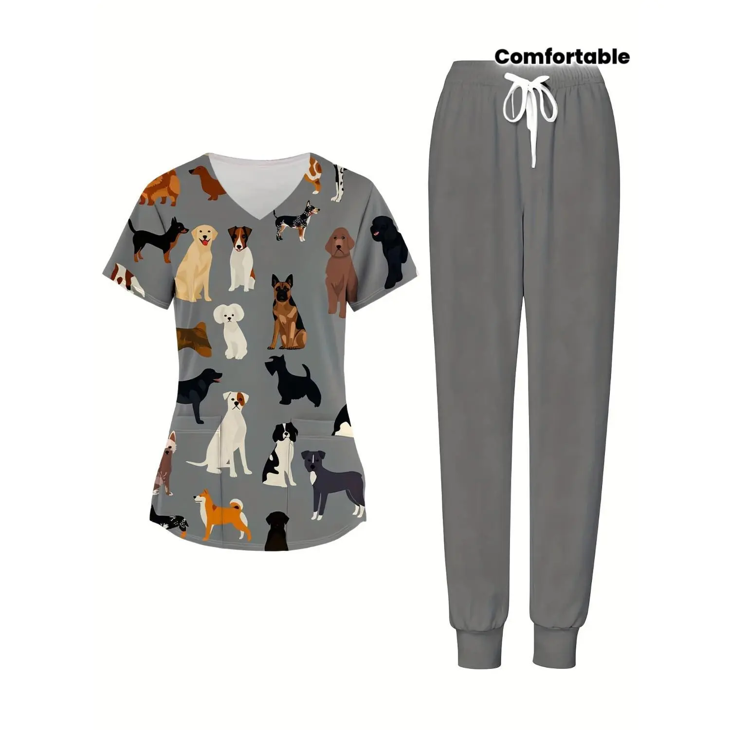 Women'S Elegant Dog Print Two-Piece Set, V-Neck Short Sleeve Scrub Top with Pockets, Dog Pattern Uniforms for Nurses Doctors Veterinary Staff Healthcare Workers Comfortable Fabric