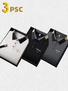 3-Pack Men's Fashion Business Casual Short Sleeve Polo Shirts, Mixed Colors, Breathable, All Seasons, Polyester Material, Holiday Gift