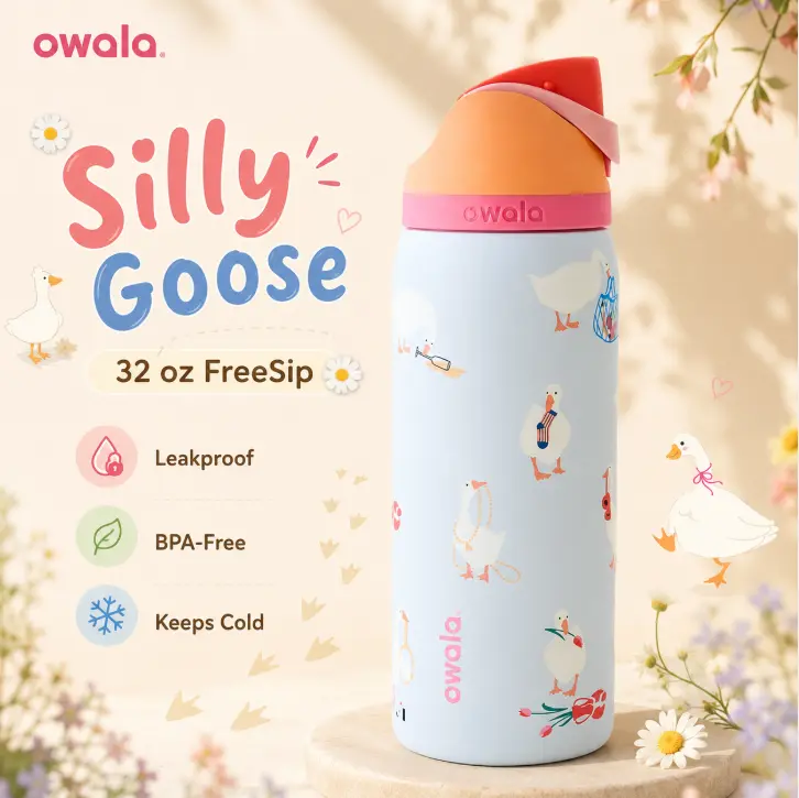 Owala Silly Goose FreeSip 32 oz Water Bottle, UO Exclusive Cute Goose Design, Leakproof BPA-Free Insulated Bottle