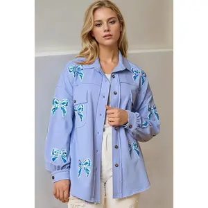 Double Take Full Size Sequin Bow Button Up Shacket See size chart under “more details”