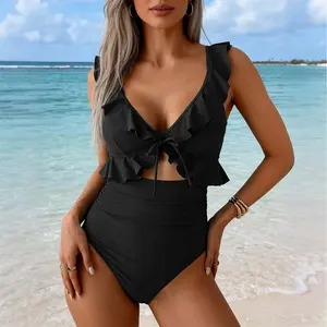 New 2026 Women's One-piece Bikini Swimsuit, Sexy V-neck Dress Style with Solid Color Ruffle Design