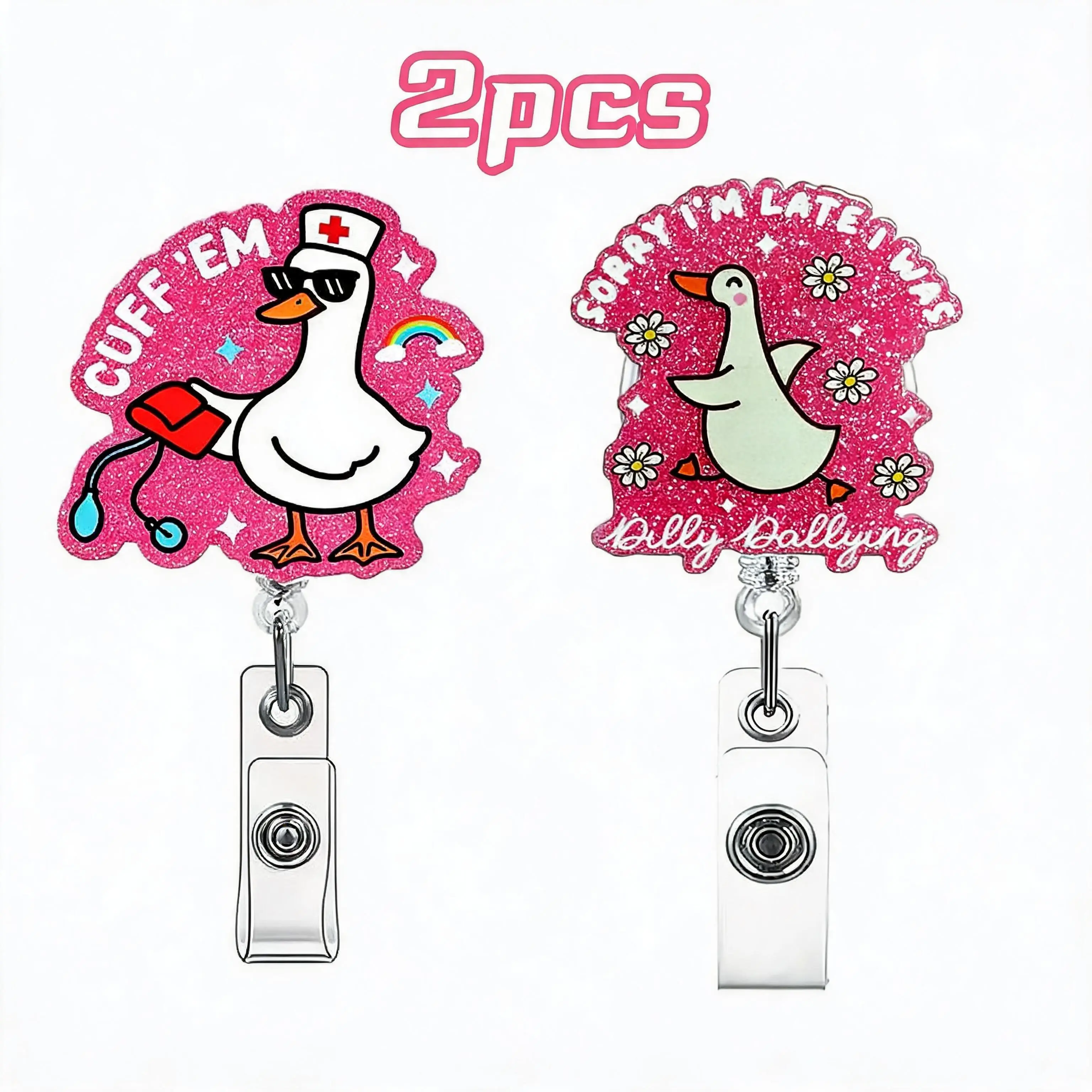 Cute goose Badge Holder,2Count Retractable Badge Reel, Creative ID Badge Holder with Clip for Nurse Doctor Student Worker Volunteer, Medical Badge Holder,Best party gifts.