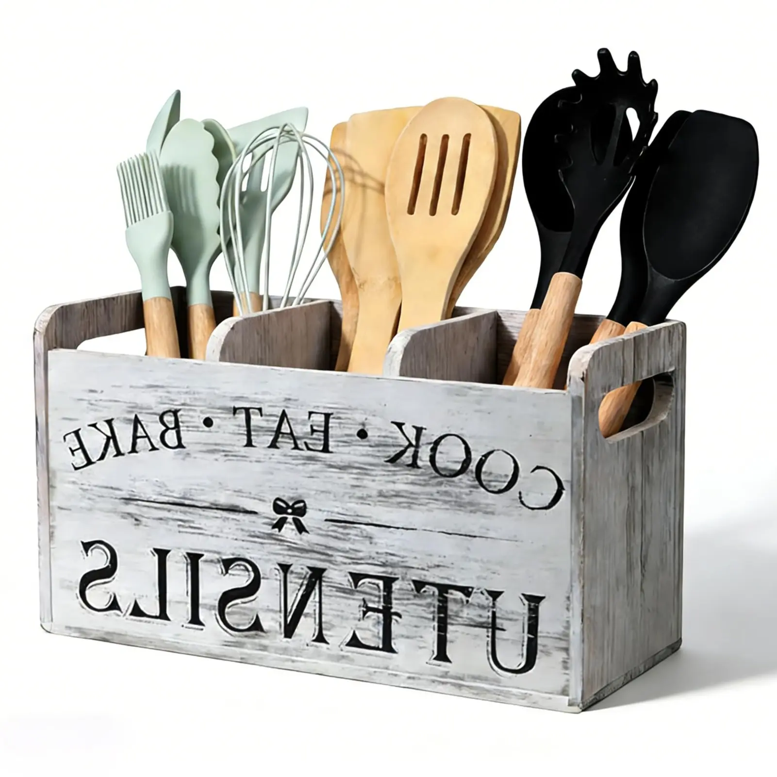 Kitchen Utensil Holder with 3 Compartments - Farmhouse Wooden Caddy Organizer - Countertop Storage with Drainage Holes - Distressed White Finish - Holds 30+ Utensils