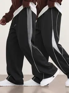 2-pack men’s trendy athletic straight-leg pants for spring/autumn, side gray contrast color paneling, urban street fashion versatile casual trousers, lightweight polyester fabric, suitable for everyday fitness and workouts.