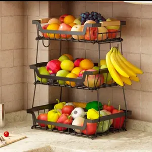 3-Tier Countertop Fruit Basket With 3 Banana Hangers For Kitchen, Detachable Metal Organizer For Bread Vegetable Fruits With Wooden Handle, Large Capacity Rectangular Storage Stand Bowls, Black