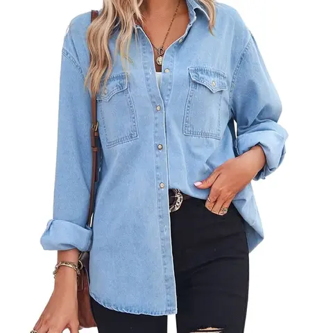 CHOUYATOU Lady's Loose Fit Jean Shirt, Casual Oversized Collared Button Down Top with Pockets for a Layered Crop Look,back to school,back to school shopping, Leggings, Basic