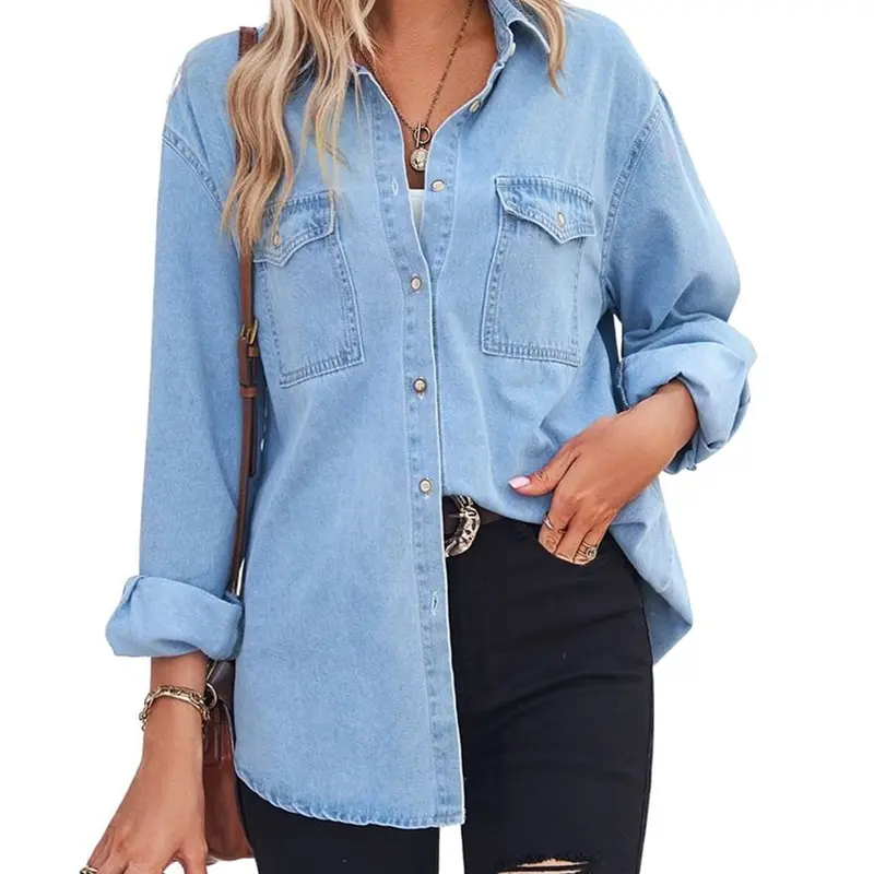 CHOUYATOU Lady's Loose Fit Jean Shirt, Casual Oversized Collared Button Down Top with Pockets for a Layered Crop Look,back to school,back to school shopping, Leggings, Basic