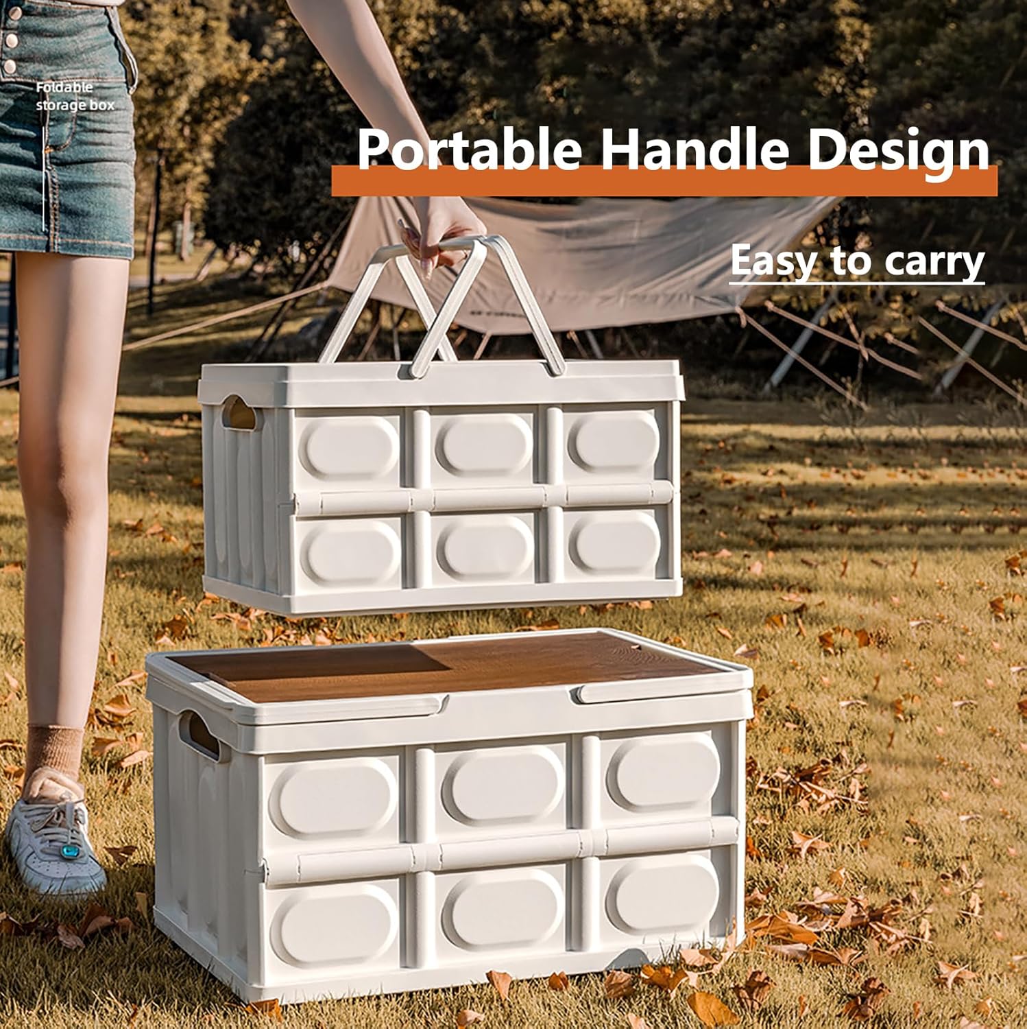 Collapsible Storage Bin with Handles and Wooden Lid, Large Capacity Stackable Utility Crates Holds 33lbs for Outdoor Home Storage Organizing Moving (30L/7.9Gal)