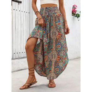 Women's Random Paisley Print Tie Waist Skirt, Boho Fashion Casual Shirred Skirt for Daily Holiday Vacation Wear, Ladies Bottoms for Summer