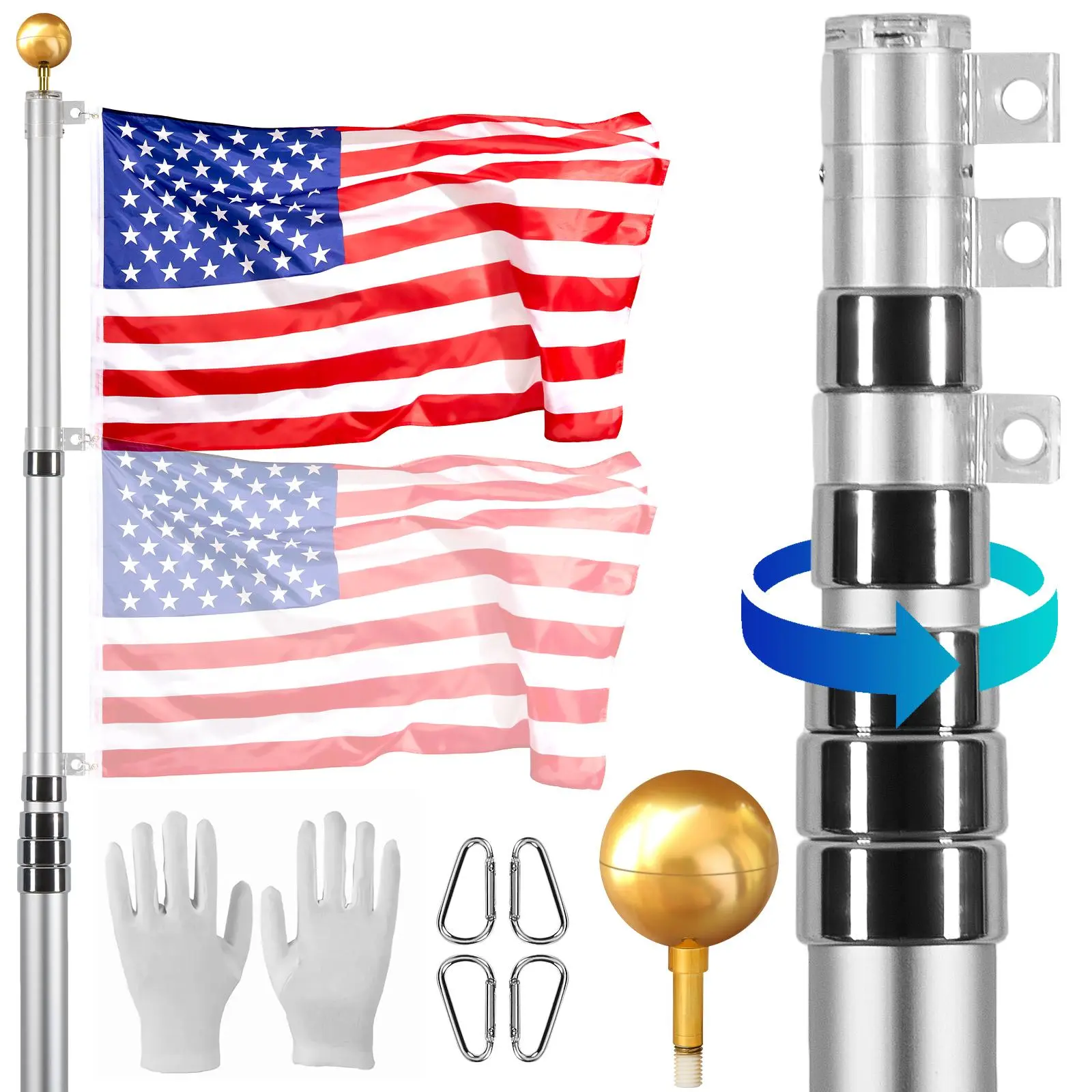 【Summerfinds】VEVOR 30FT Heavy Duty Aluminum Alloy Telescoping Flag Pole Kit, In-Ground Adjustable Outdoor Flagpole with 3 Display Modes, 3x5 American Flag, Silver Banners, Professional Accessories, Balls, PVC Pipes, Wind Resistance, Oxidized Finish