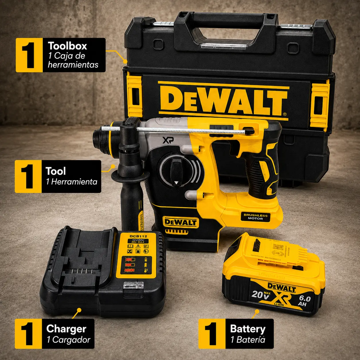 DEWALT DCH273 20V MAX XR Brushless Rotary Hammer Complete Kit