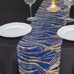Mesh Table Runner 12"x108" Royal Blue/Gold - Wave Embroidered Sequin Table Decor