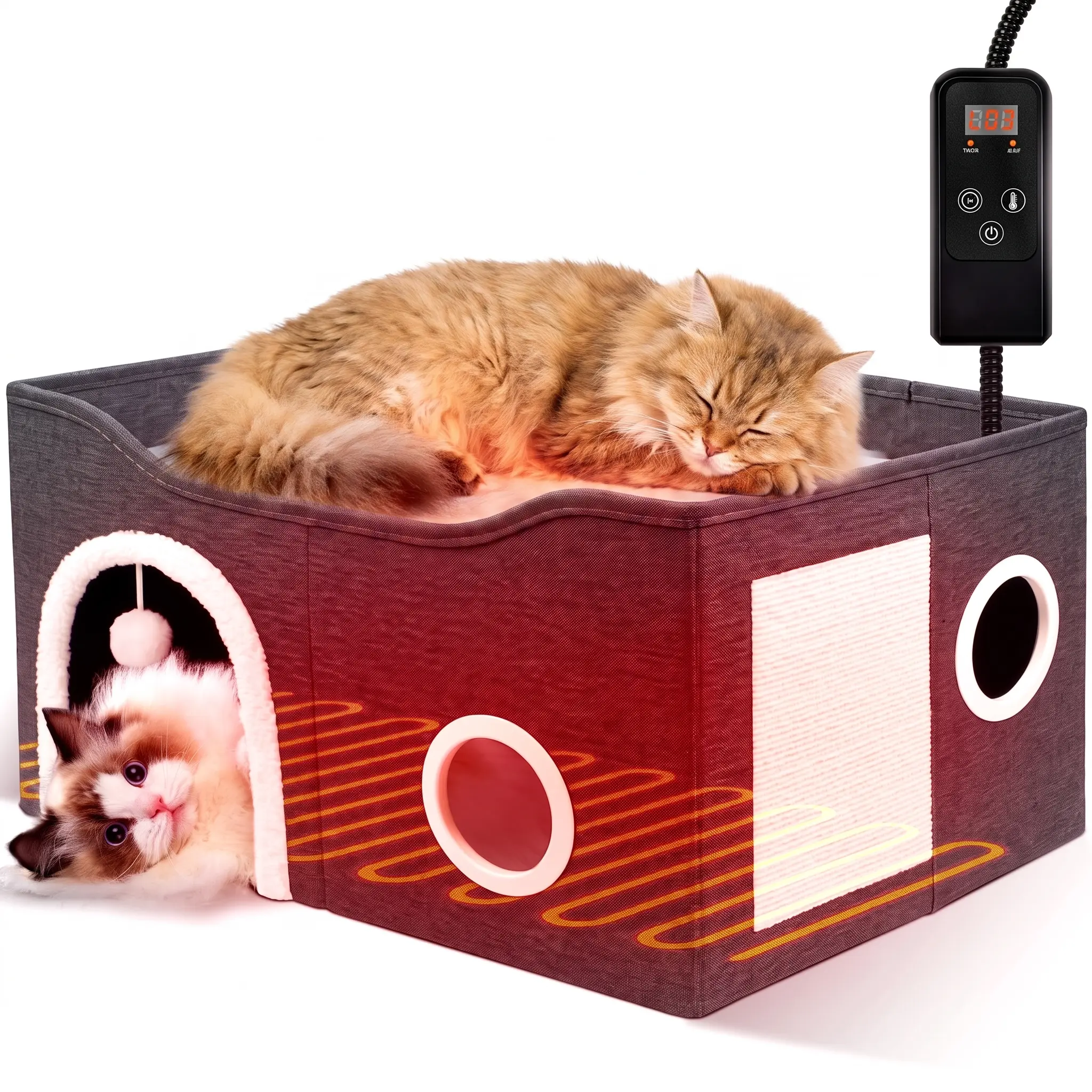 Heated Cat House with 6 Temperature Settings & Timer, Cat House with Heating Pad, IP68 Waterproof & Anti-Chewing Cord, 86-131°F Adjustable, Auto Shut-Off, Ultra-Soft Fleece Cover, Safe & Cozy Winter Warming House for Indoor Cats, Small Dogs, Rabbits