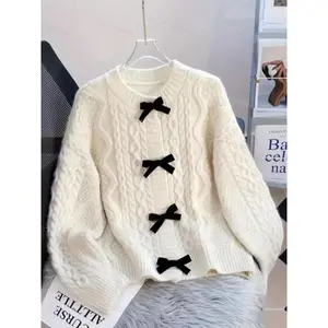 Elegant women’s knitted pullover sweater, round neck long-sleeve jumper, butterfly knot design, perfect for fall and winter, knitwear
