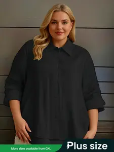 【Plus Size】 Solid Color Curved Hem Shirt, Casual Short Sleeve Collared Top for Summer, Women's  Clothing for Daily Wear