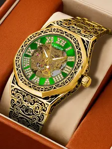 CAROTIF Men's Mechanical Automatic Watch with Green & Gold Steel Strap Vintage Engraved Case Tourbillon Movement Casual Business Style