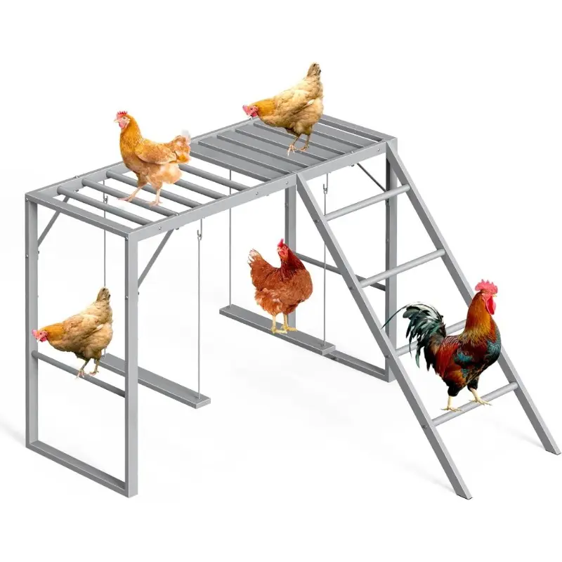 Large Functional Grey Metal Frame Chicken Roost Bars (1-Set) with Ladder and Swing Perch for Coop - Pet Furniture Supporting Multiple Birds' Health and Happiness