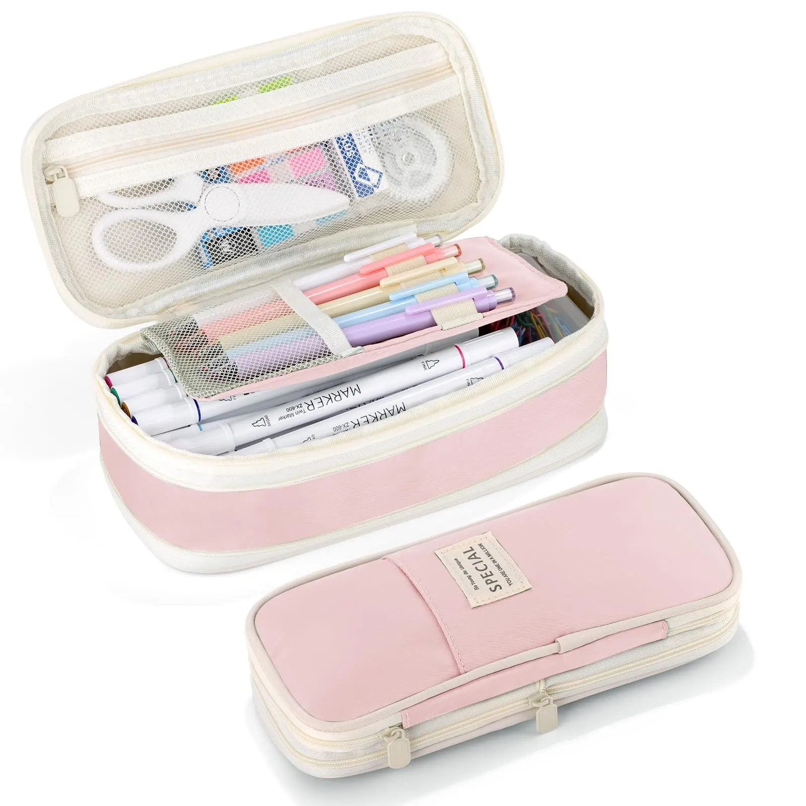 Large Capacity Pencil Case With Zipper  Aesthetic Pouch Portable Stationery Organizer Bag For Teen And Adults Big College Office Travel - Pink