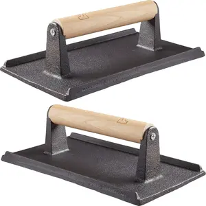 Pre Seasoned Cast Iron Grill Weight 2Pk Heavy Duty Steak and Burger Press with Wooden Handle for Grills Griddles Flattops Perfect for Bacon Paninis Sandwiches and Vegetables